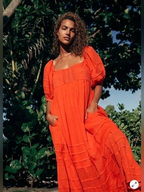 Free people Let's Be Friends Midi Dress   Vibrant Orange Puff-Sleeve Maxi Dress